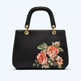 Black Vintage Pink Coral Floral Embroidered Day Bag