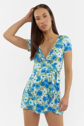 Blue Floral Print Mini Romper