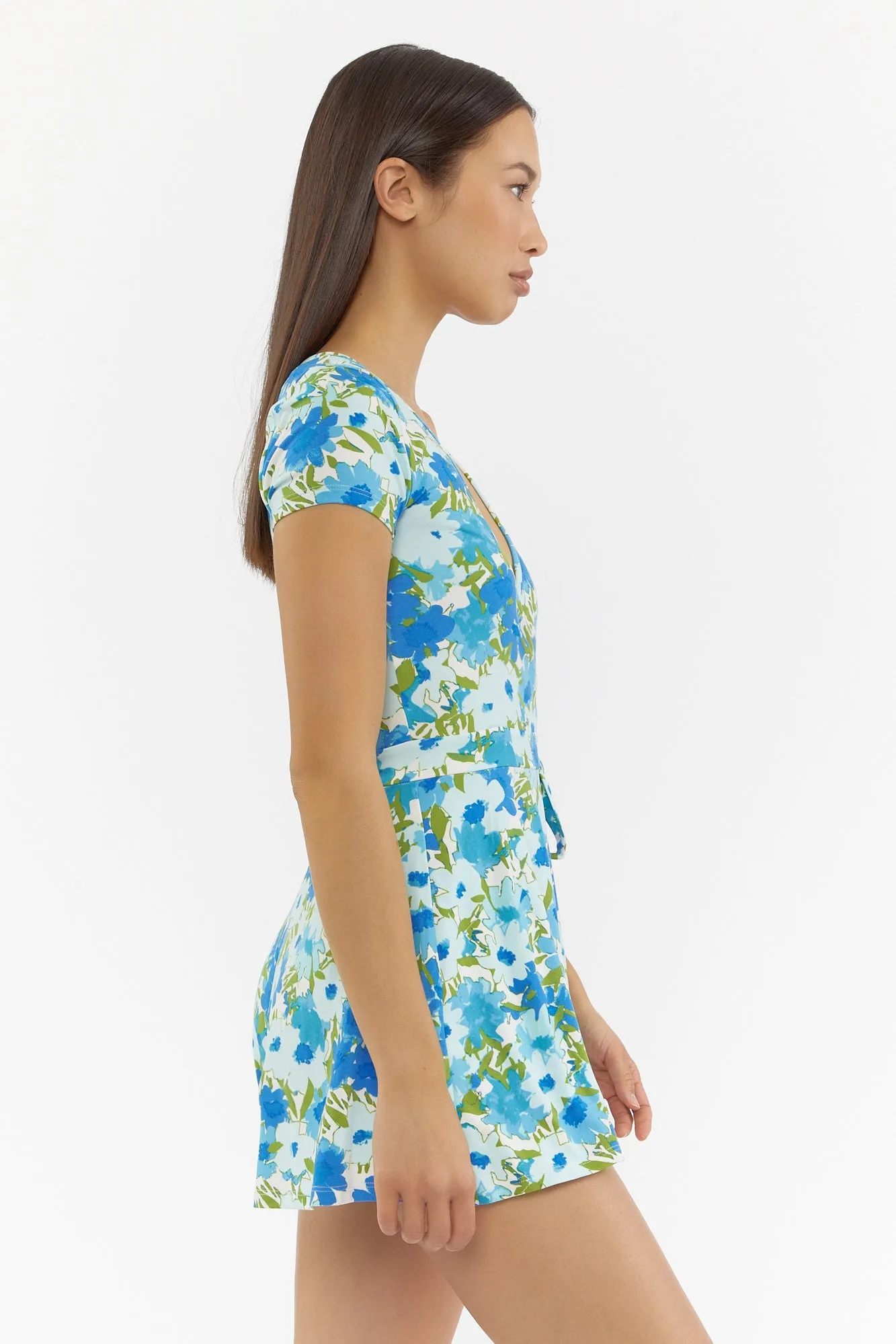 Blue Floral Print Mini Romper