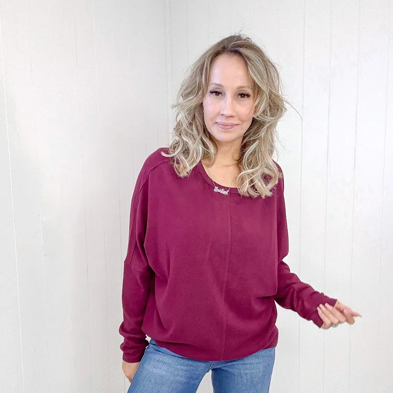 Burgundy Brushed Knit Dolman Sleeve Pullover