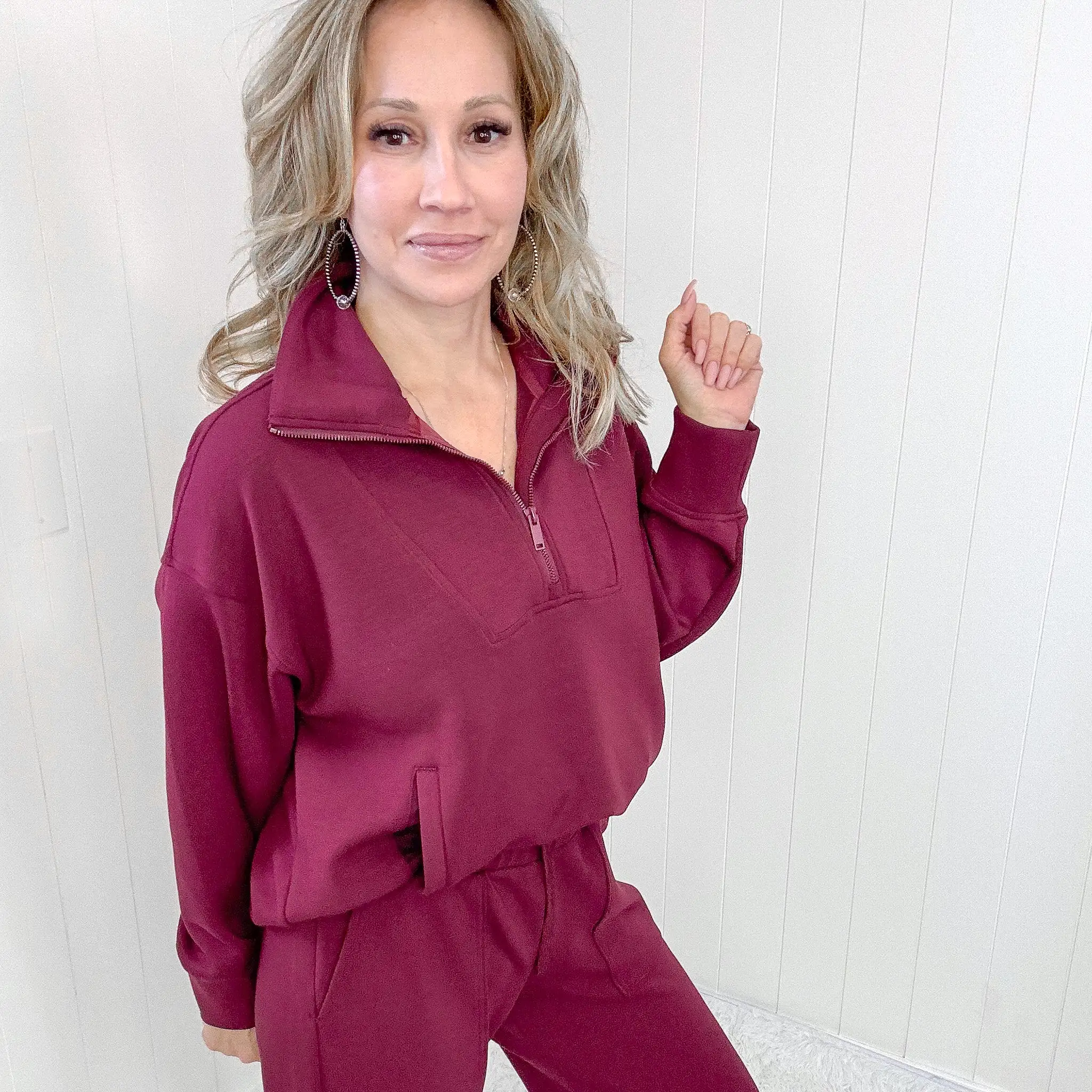 Burgundy Micro Modal Knit Handle Half Zip Pullover Top