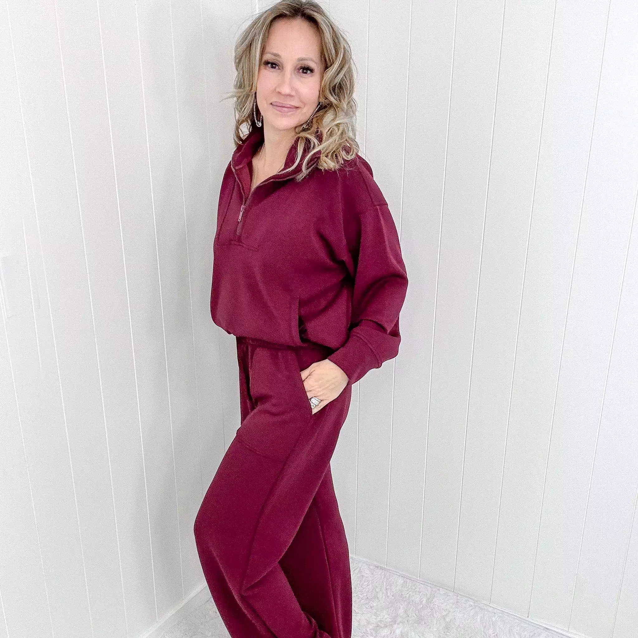 Burgundy Micro Modal Knit Handle Half Zip Pullover Top