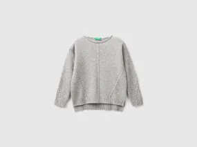 Cable knit sweater in wool blend - Light Gray | Benetton