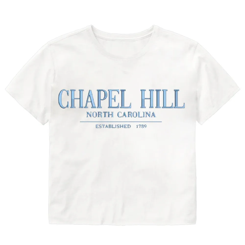 Chapel Hill Embroidered Crop Top White and Carolina Blue Chill Cropped T-Shirt