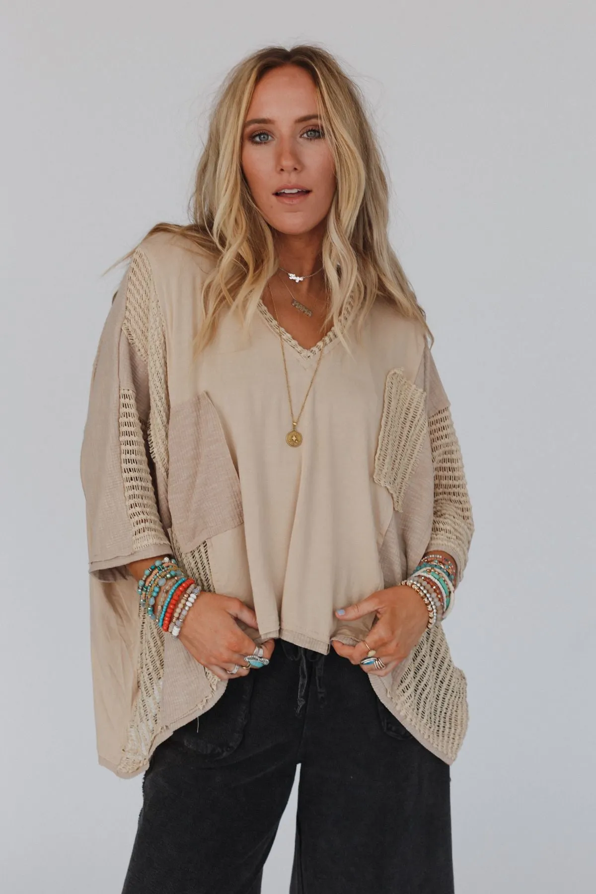 City Drifter Oversized Contrast Top - Taupe