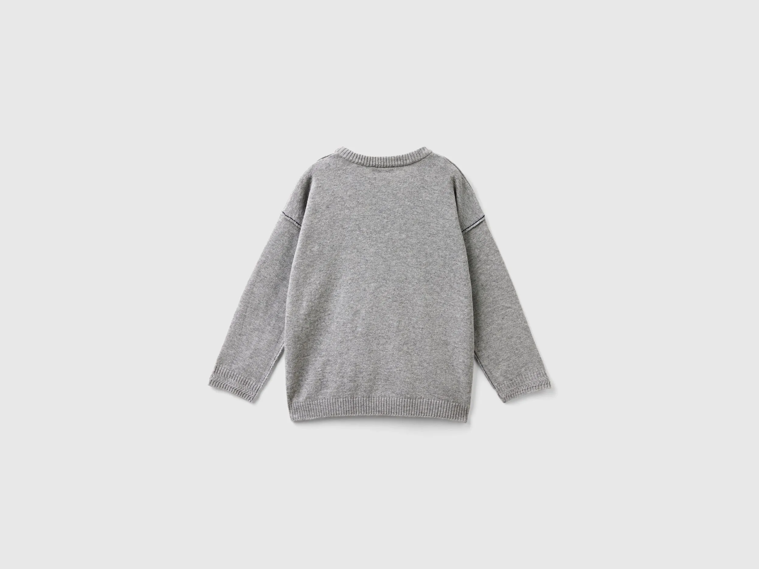 Crew neck sweater with embroidery - Light Gray | Benetton