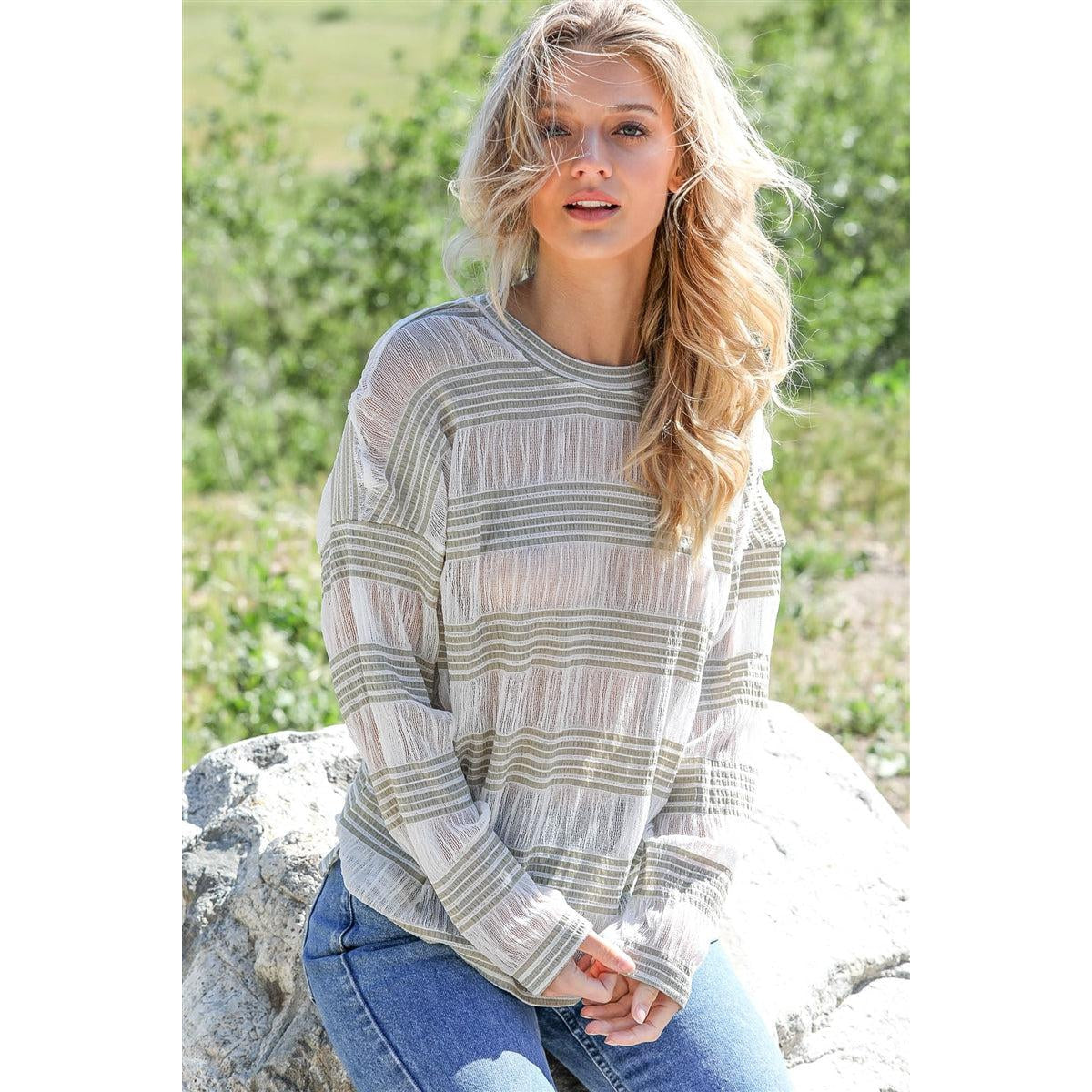 Crochet Stripe Long Sleeve Semi-sheer Top