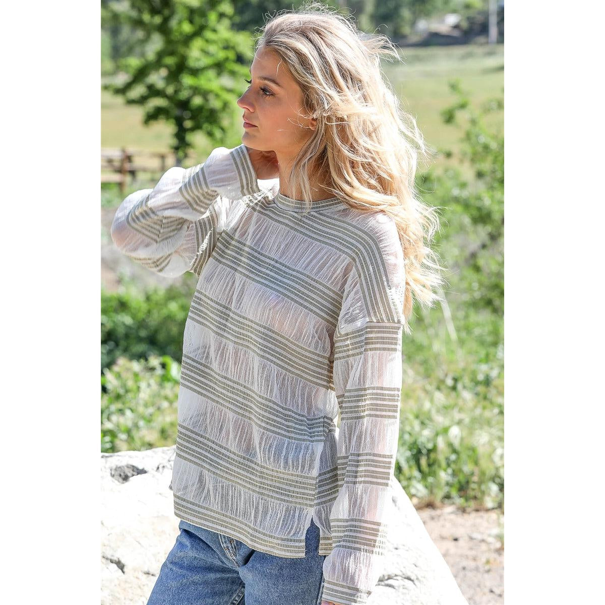 Crochet Stripe Long Sleeve Semi-sheer Top