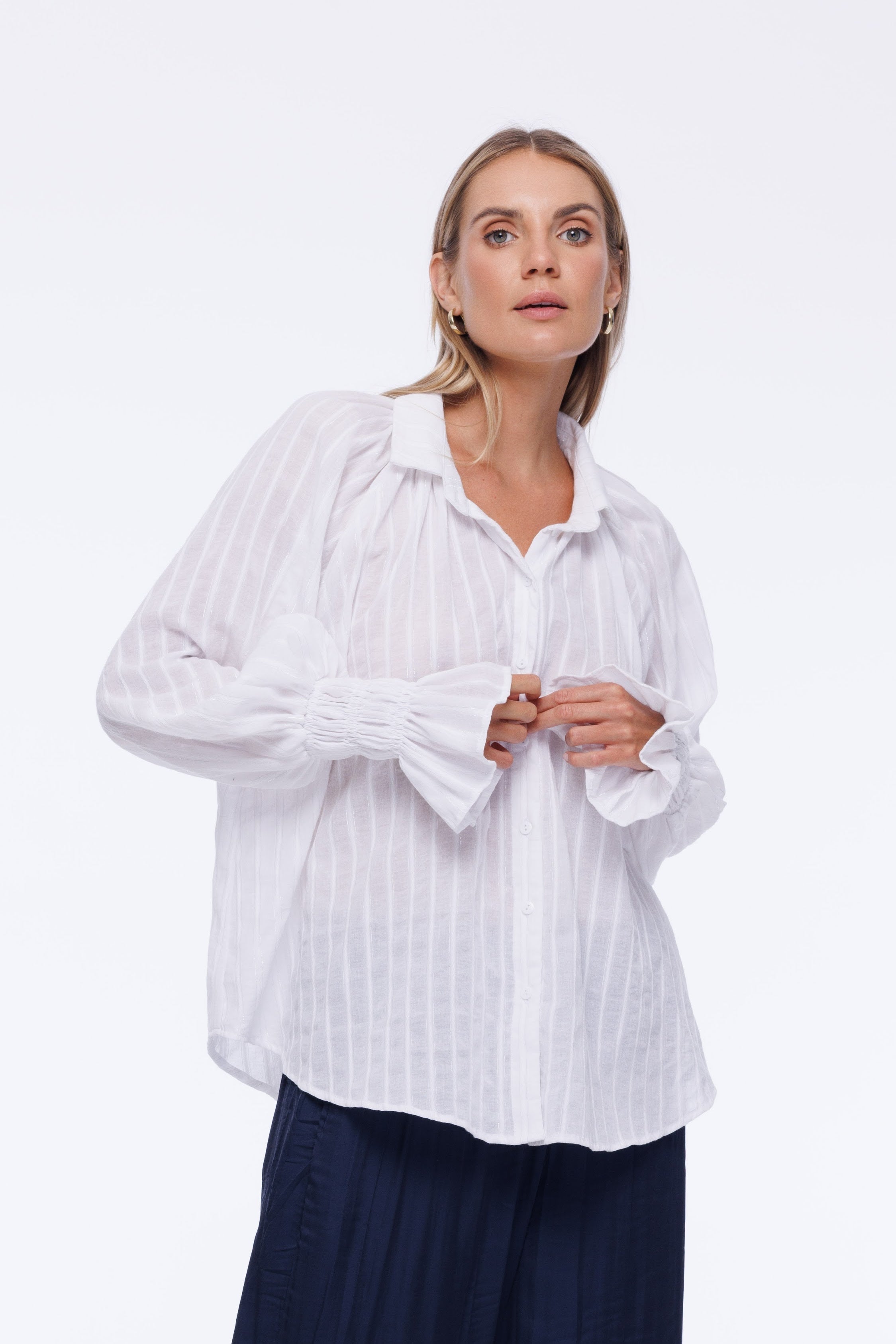 Edith Shirt - White with Lurex Stripe