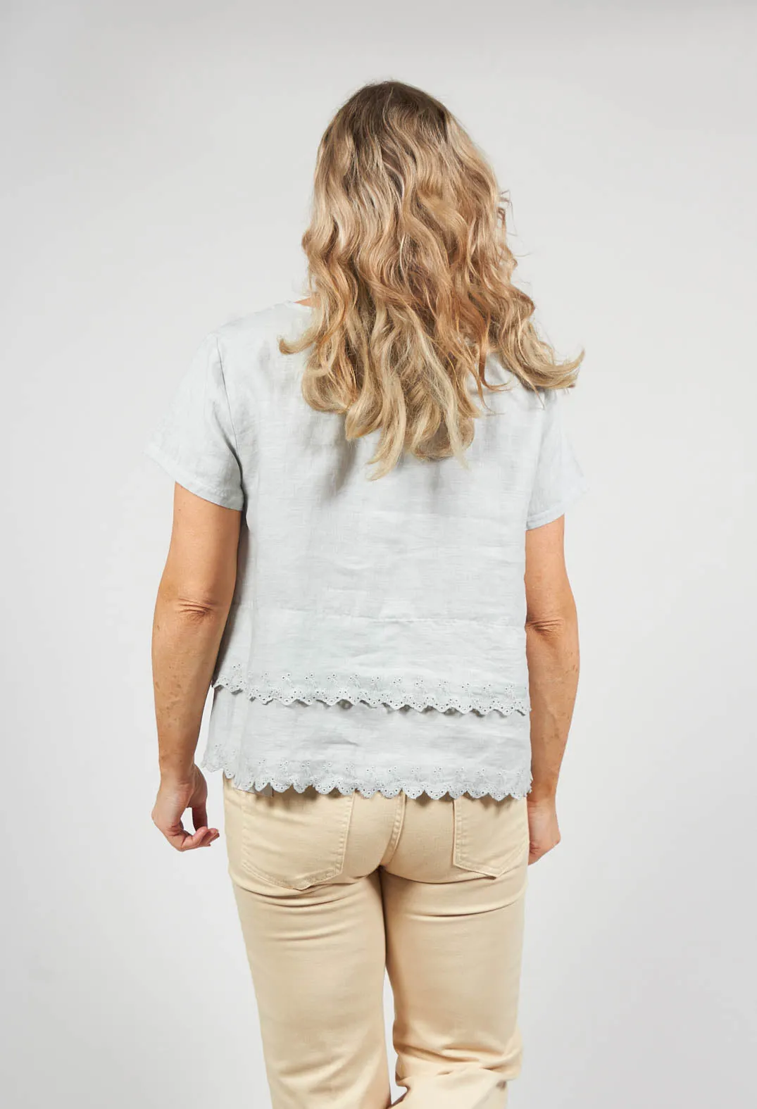 Embroidered Linen Frill Top in Pearl