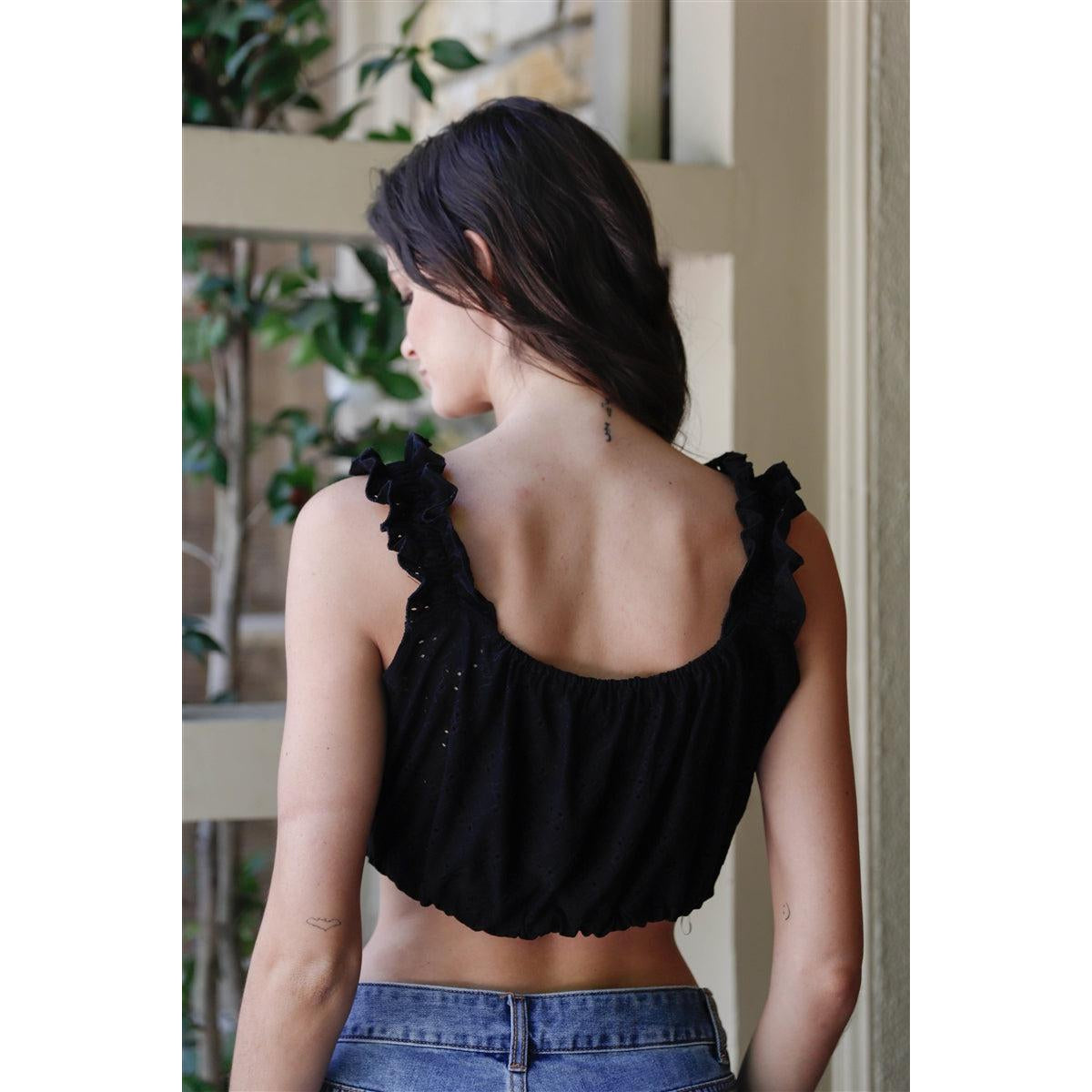 Embroidered Ruffle Trim Strap Sleeveless Crop Top