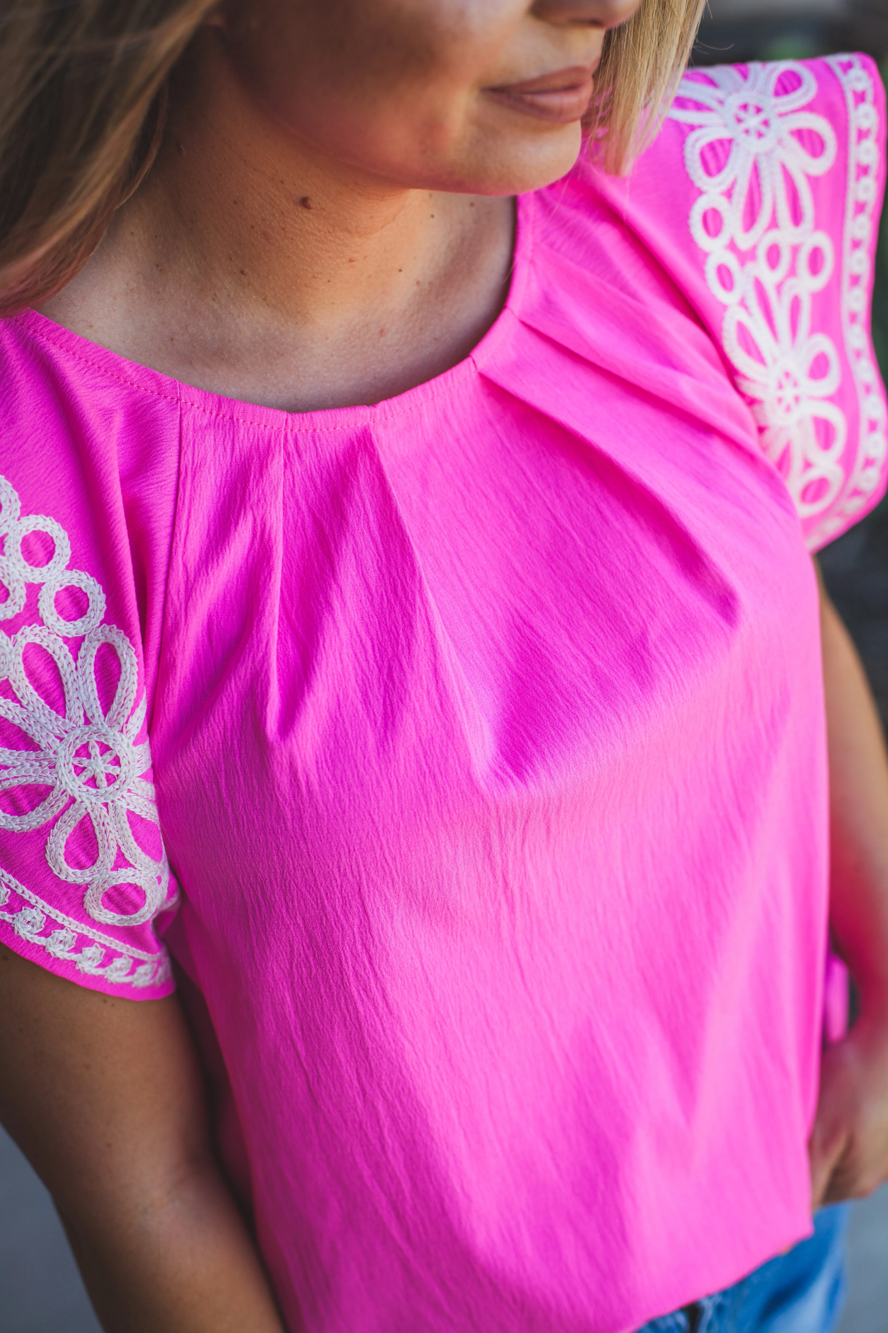 Embroidered Sleeve Top in Pink