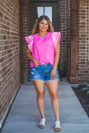 Embroidered Sleeve Top in Pink