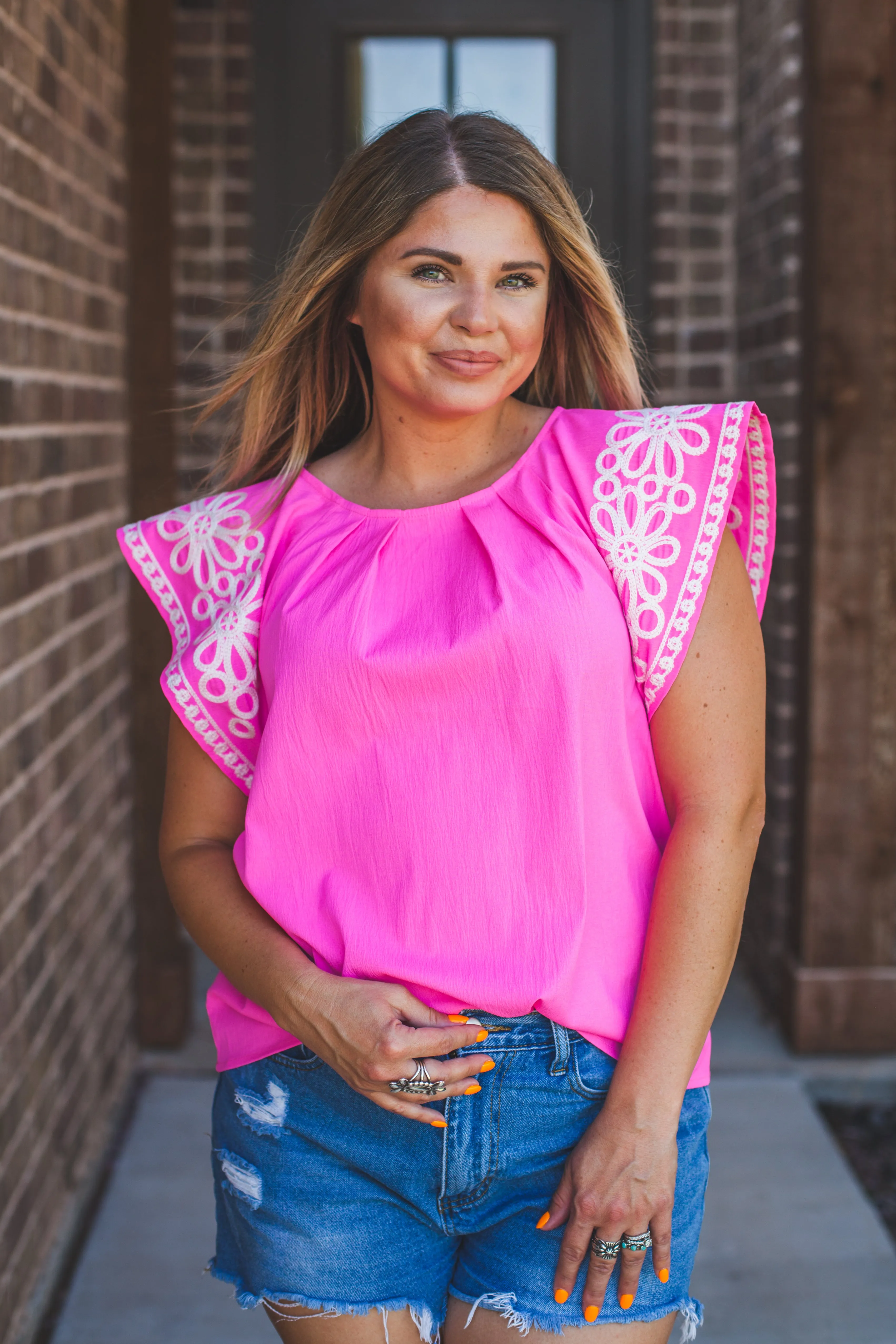 Embroidered Sleeve Top in Pink