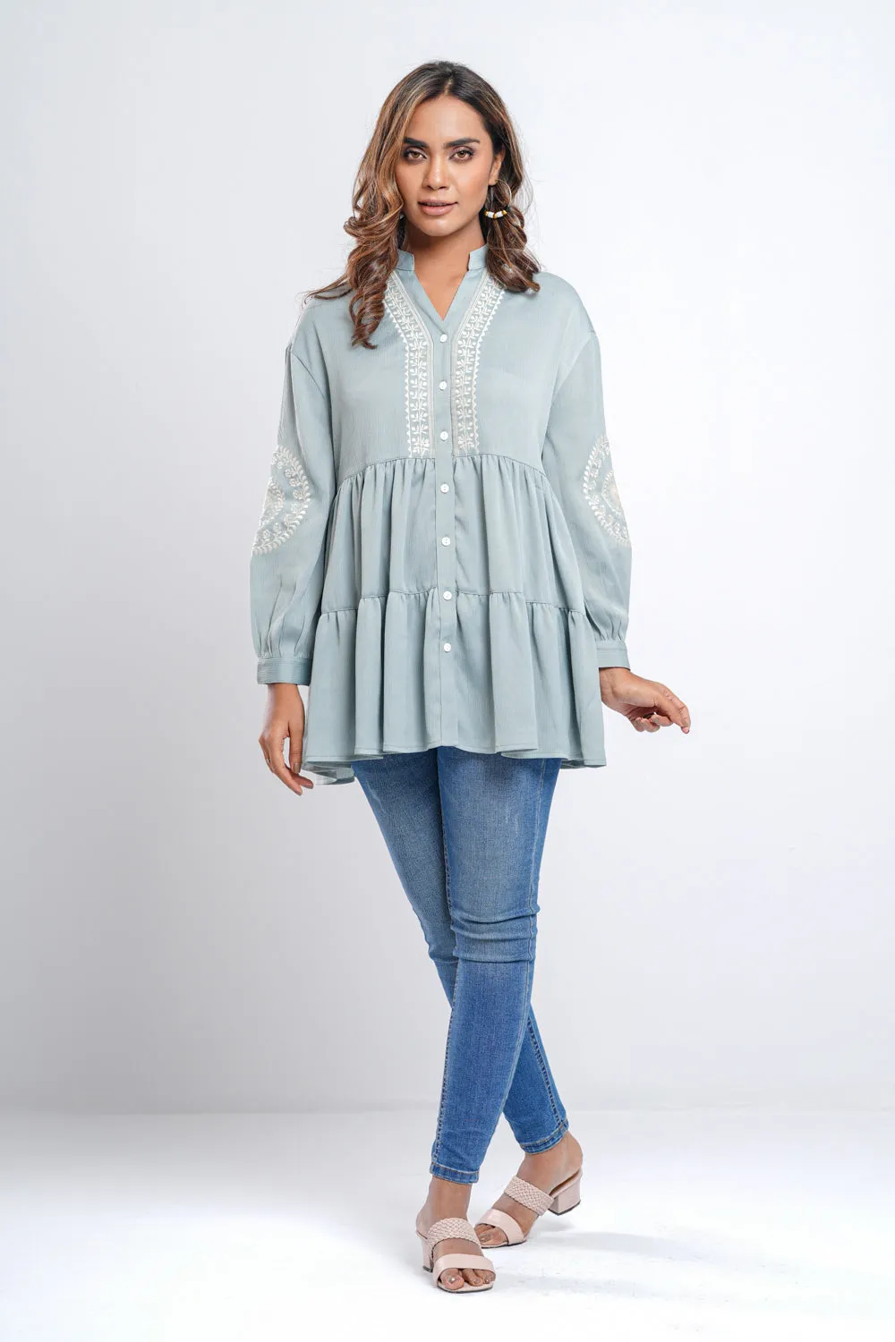 Embroidered Tiered Oversized Top