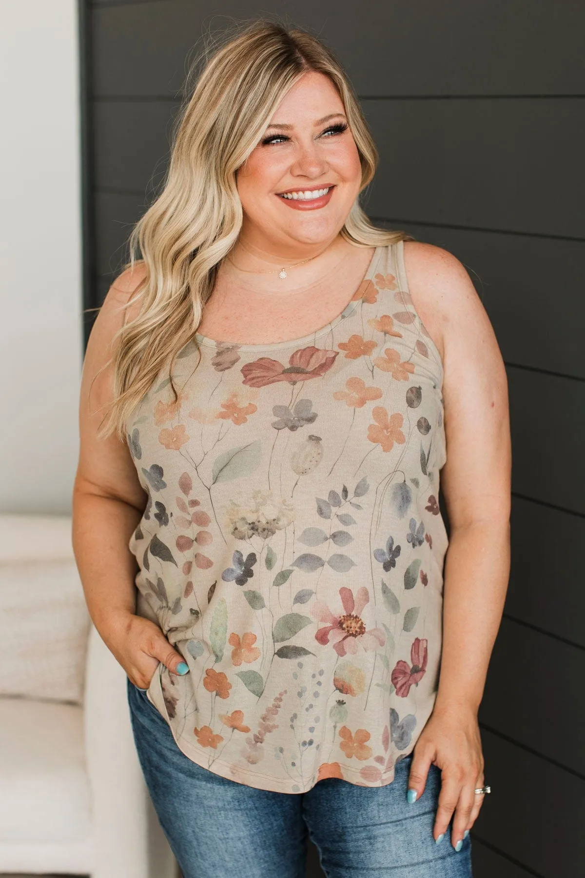 Forever In Bloom Floral Tank Top- Taupe