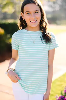 Girls: Let's Meet Later Mint Green Striped Top