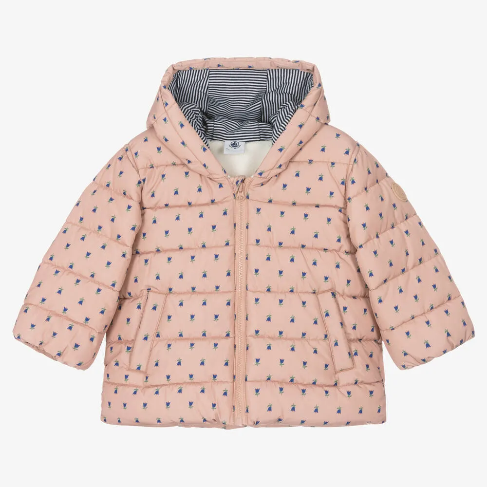 Girls Pink Floral Puffer Coat