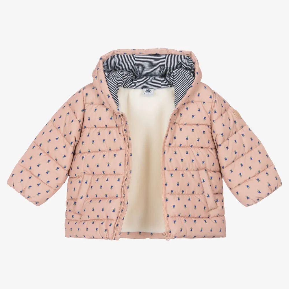 Girls Pink Floral Puffer Coat