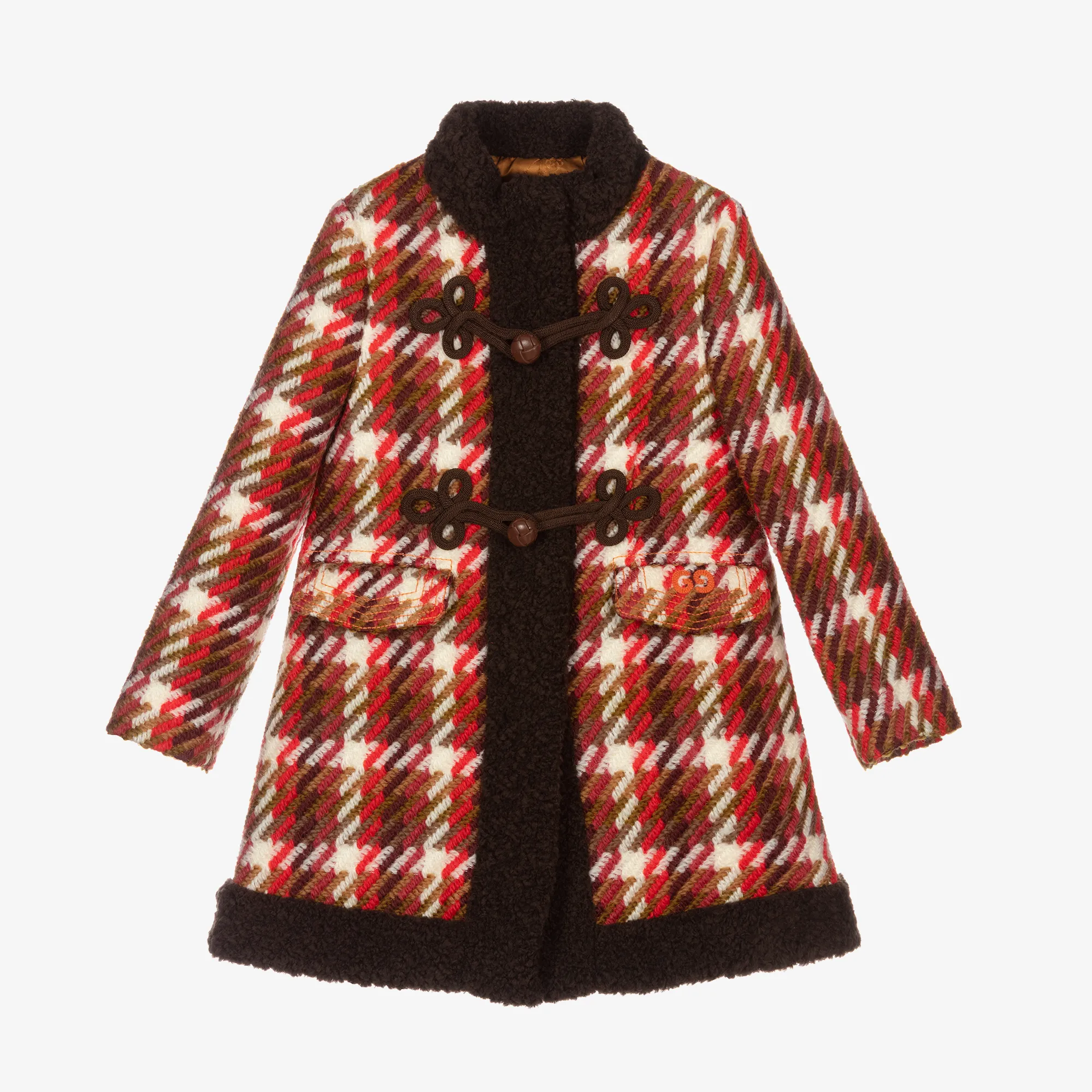 Girls Red Check Wool Coat