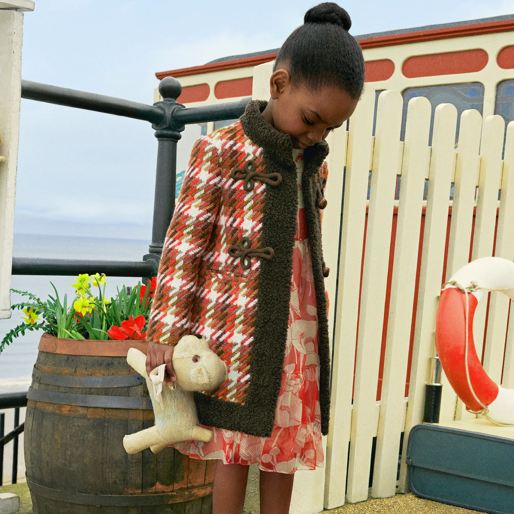 Girls Red Check Wool Coat