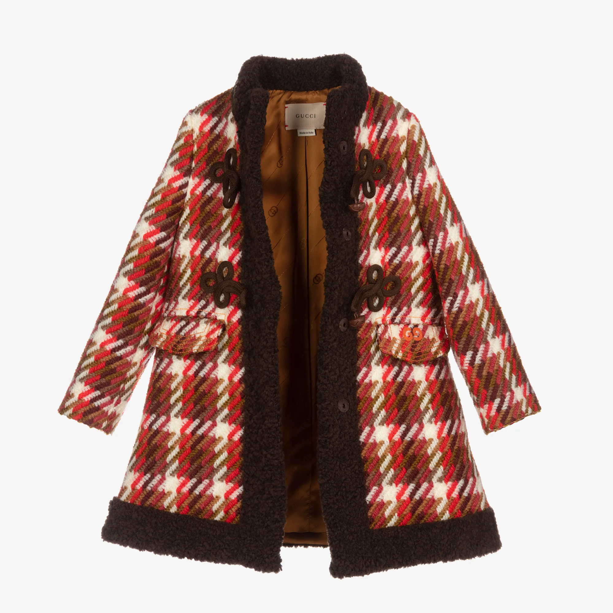 Girls Red Check Wool Coat