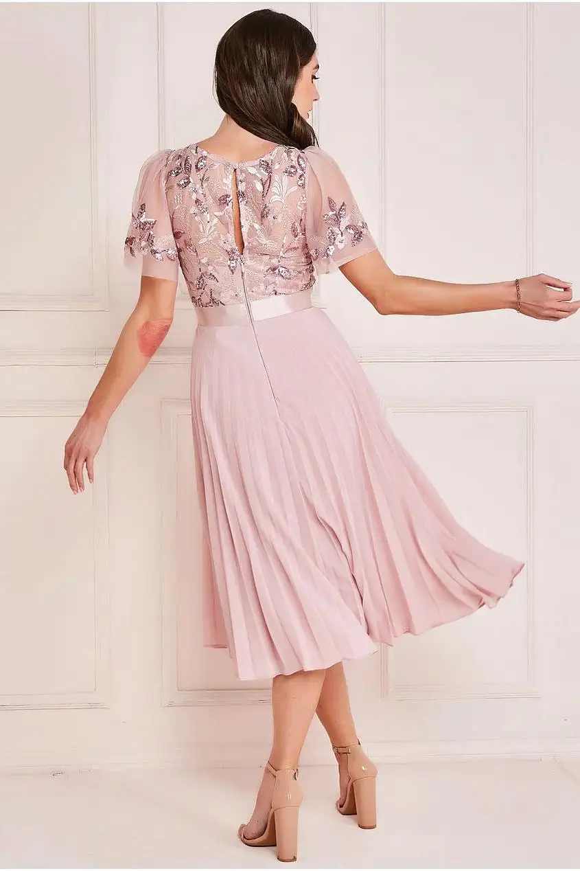 Goddiva Embroidered Top Chiffon Pleated Midi