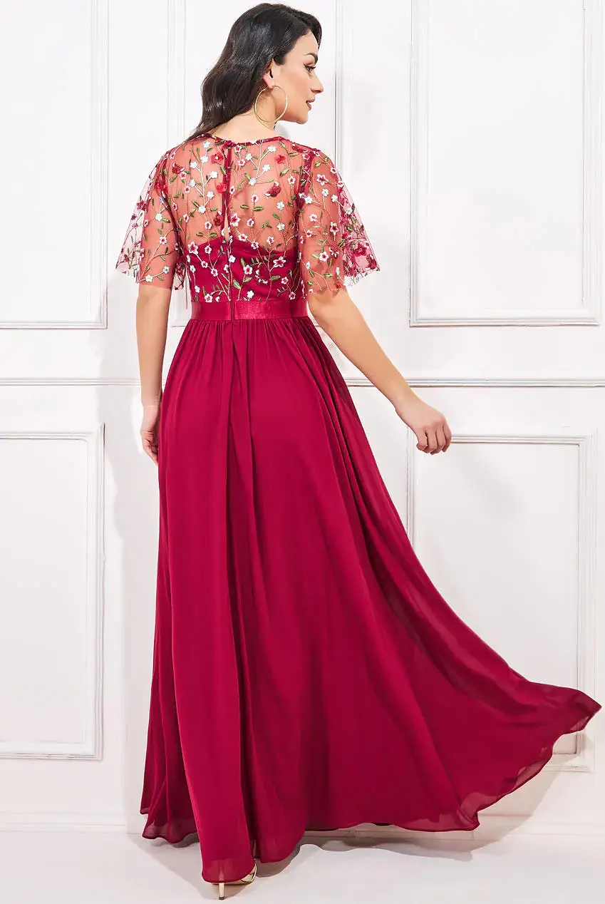 Goddiva Embroidered Top Flutter Sleeve Maxi