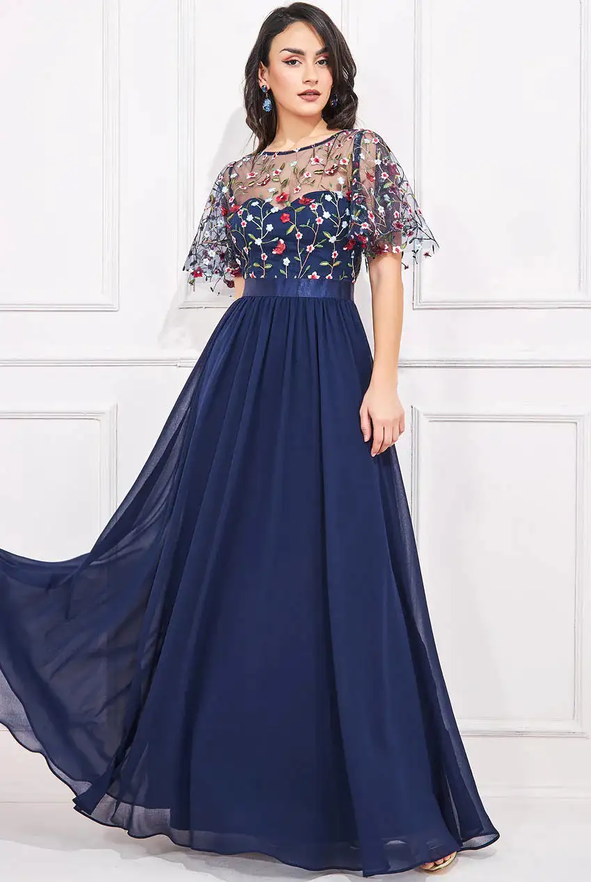 Goddiva Embroidered Top Flutter Sleeve Maxi