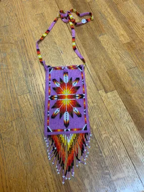 Handcrafted glass seed bead crossbody bag, 4” wide x 10” long including fringe.  BZ506