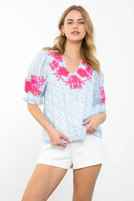 Isabella Puff Sleeve Floral Embroidered Top in Blue