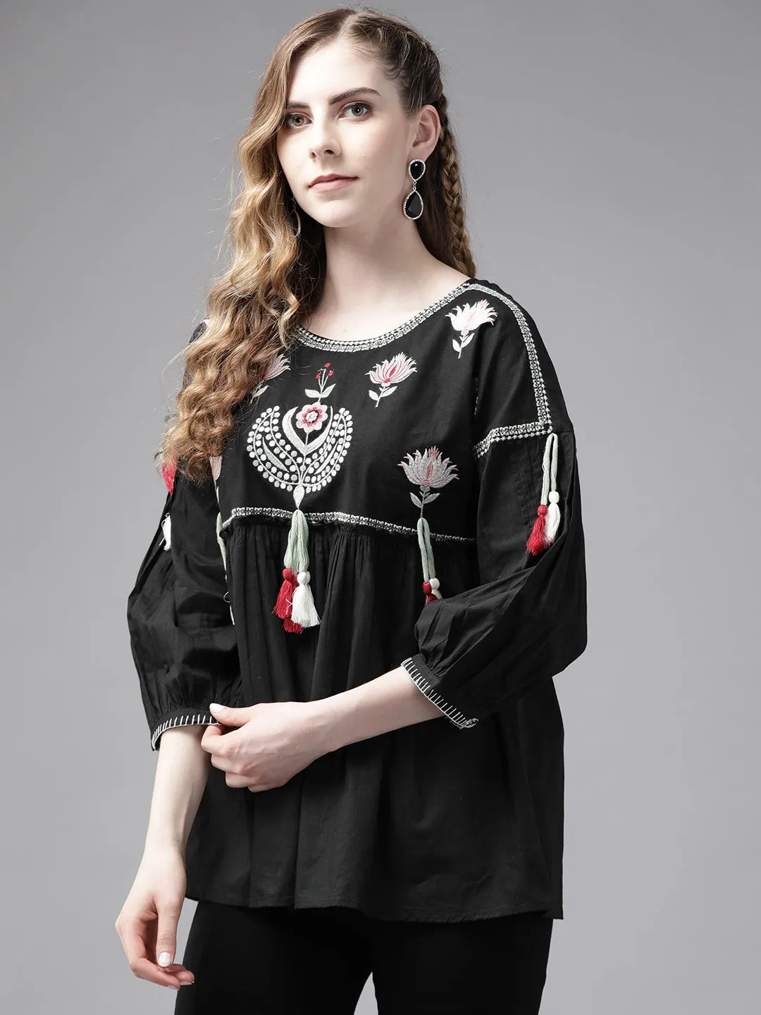 Ishin Women's Black Embroidered Top