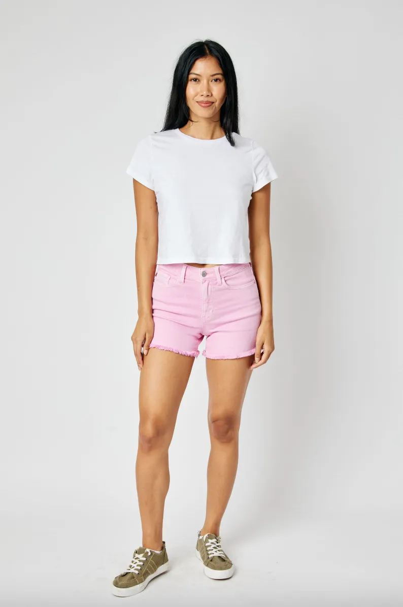 Judy Blue Garment Dyed Fray Hem Shorts - Light Pink