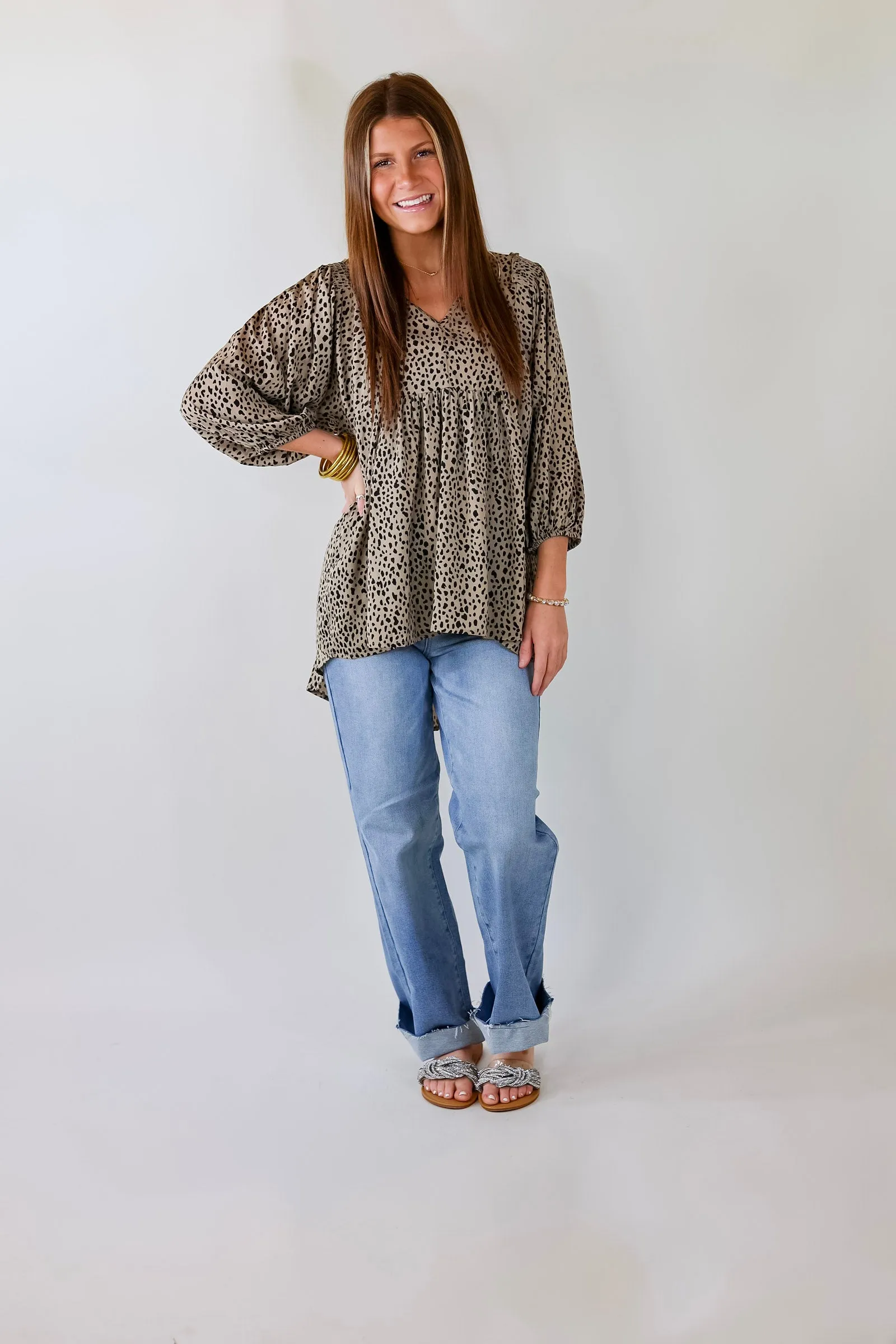 Last Chance Size Small & Medium | Charming Day Dotted Babydoll Top with Ruched Shoulders in Taupe