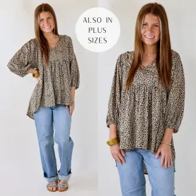 Last Chance Size Small & Medium | Charming Day Dotted Babydoll Top with Ruched Shoulders in Taupe