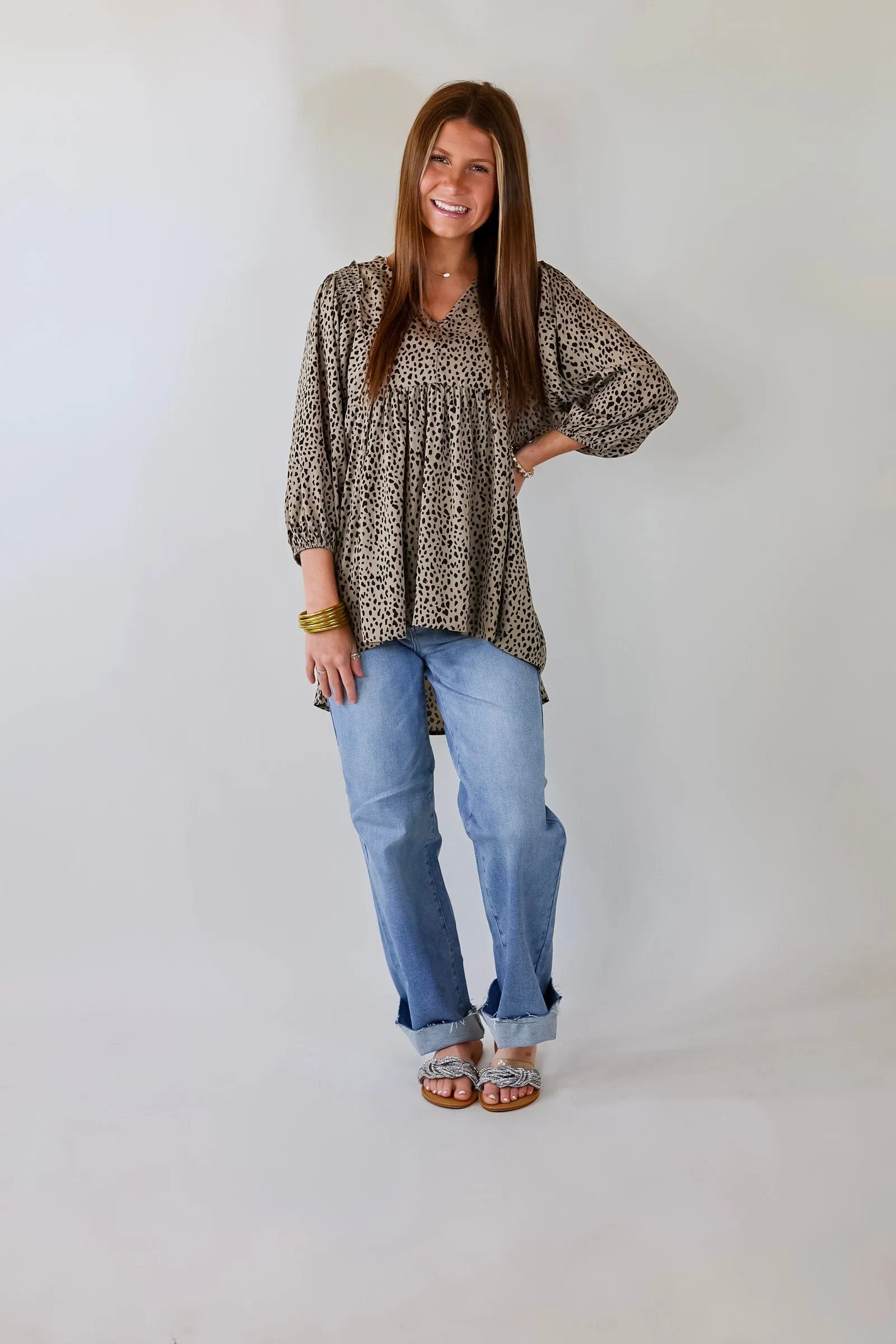 Last Chance Size Small & Medium | Charming Day Dotted Babydoll Top with Ruched Shoulders in Taupe