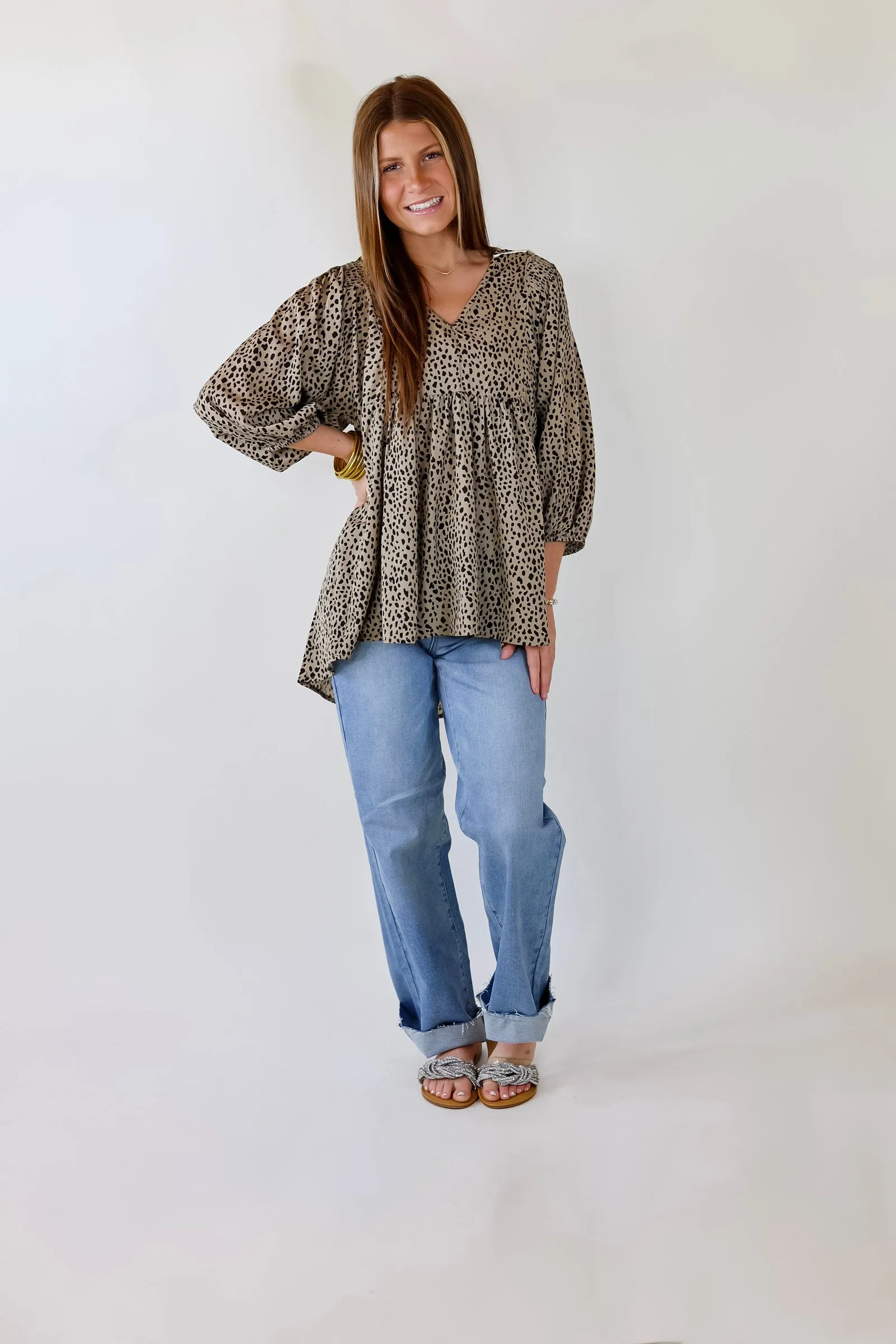 Last Chance Size Small & Medium | Charming Day Dotted Babydoll Top with Ruched Shoulders in Taupe