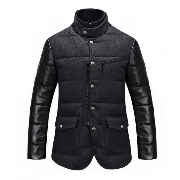 Leather sleeves padded winter coat for men with high collar