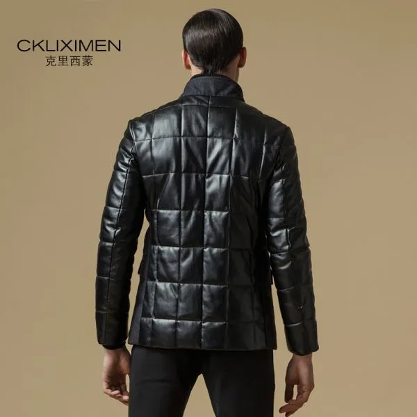 Leather sleeves padded winter coat for men with high collar