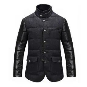 Leather sleeves padded winter coat for men with high collar