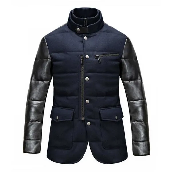 Leather sleeves padded winter coat for men with high collar