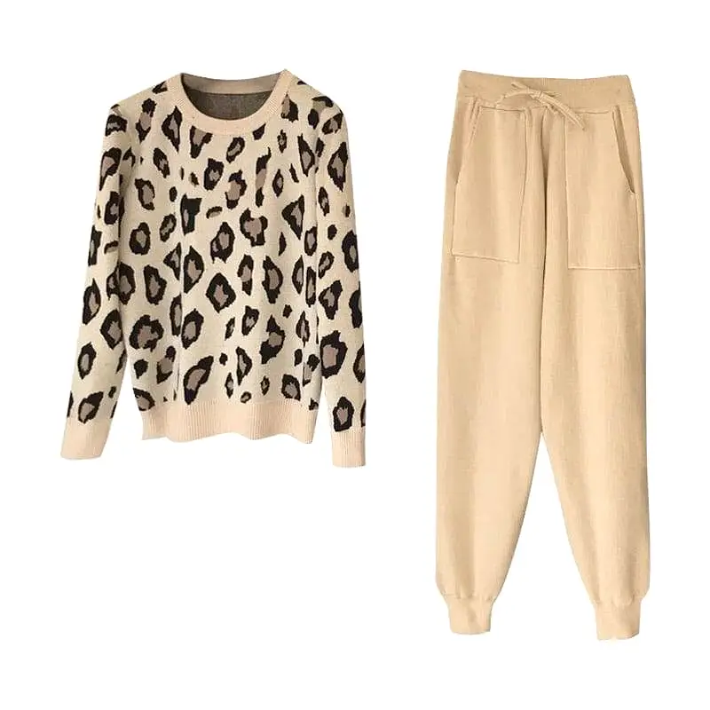 Leopard Knit Pullover And Trousers Two Piece Set