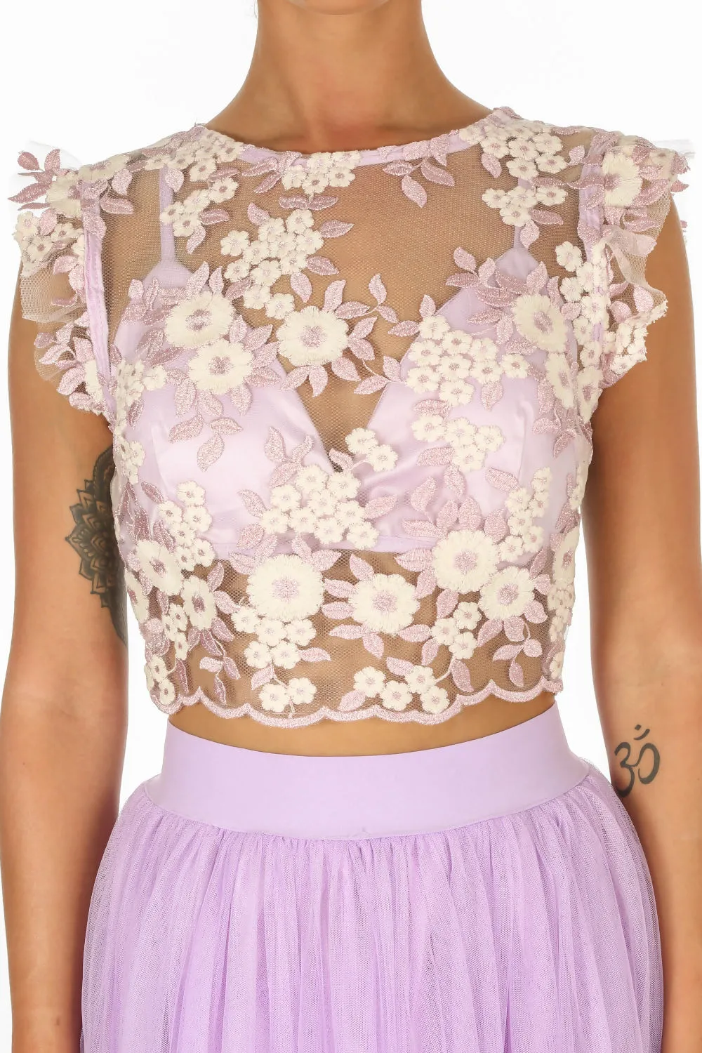 Lilac Embroidered Crop Top With Bralette Underlay