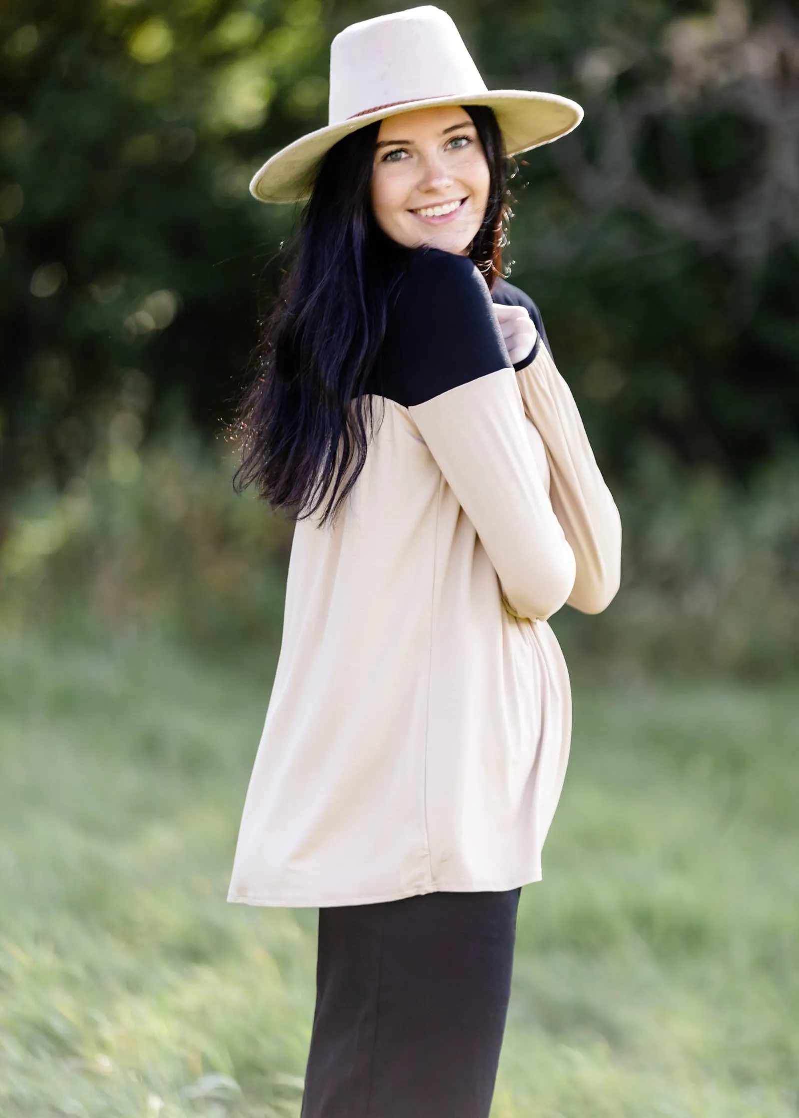 Long Sleeve Color Block Taupe + Black Top - FINAL SALE