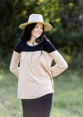 Long Sleeve Color Block Taupe + Black Top - FINAL SALE