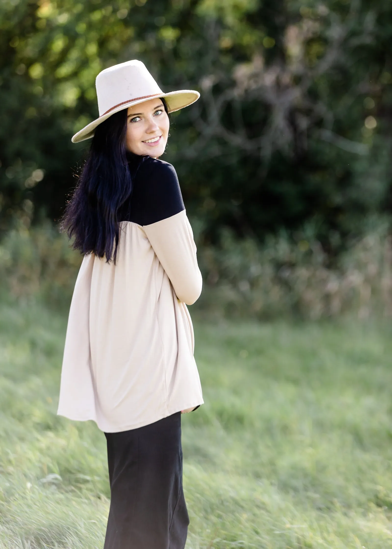 Long Sleeve Color Block Taupe + Black Top - FINAL SALE