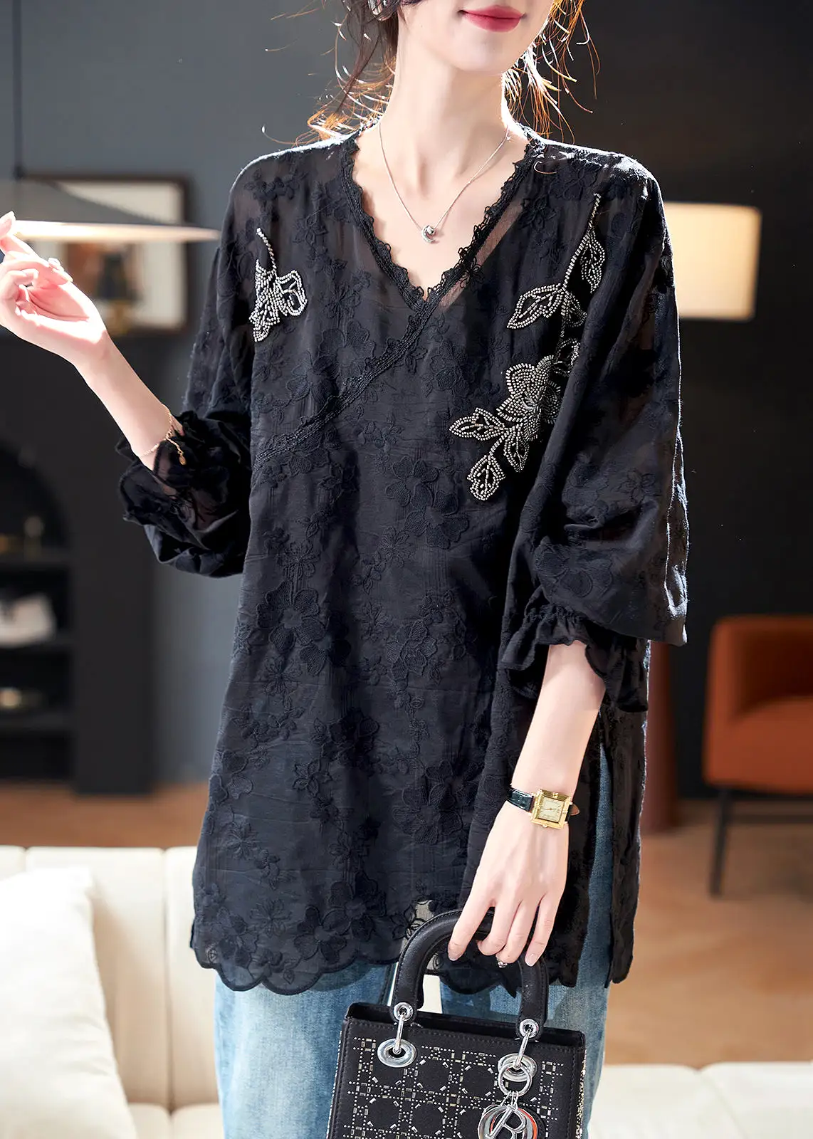 Loose Black Embroidered Nail Bead Silk Cotton Top Spring QA1007