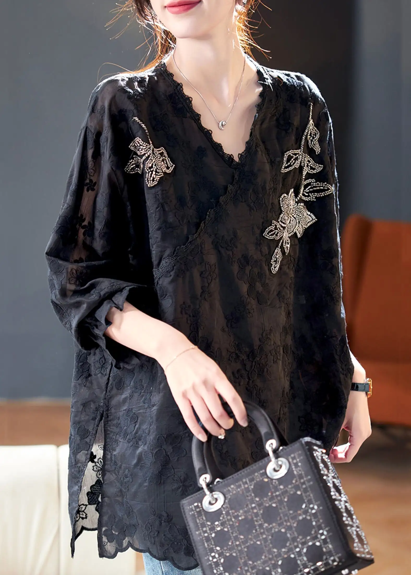 Loose Black Embroidered Nail Bead Silk Cotton Top Spring QA1007