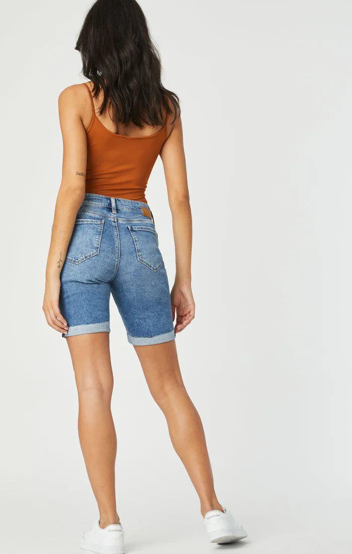 Mavi Alexis Mid Rise Denim Shorts in Used Ripped and Fringe Vintage