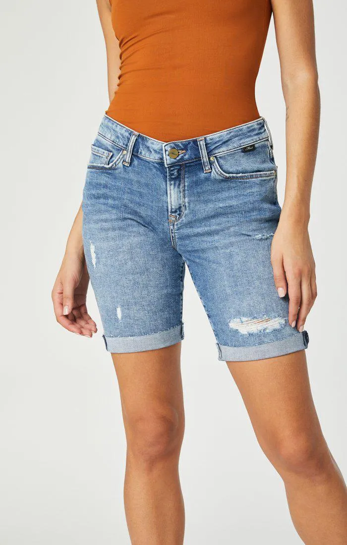 Mavi Alexis Mid Rise Denim Shorts in Used Ripped and Fringe Vintage